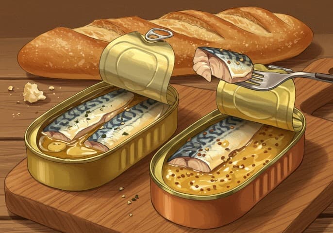 Image d'une boîte de maquereau, soit au vin blanc, soit à la moutarde, sur fond clair.