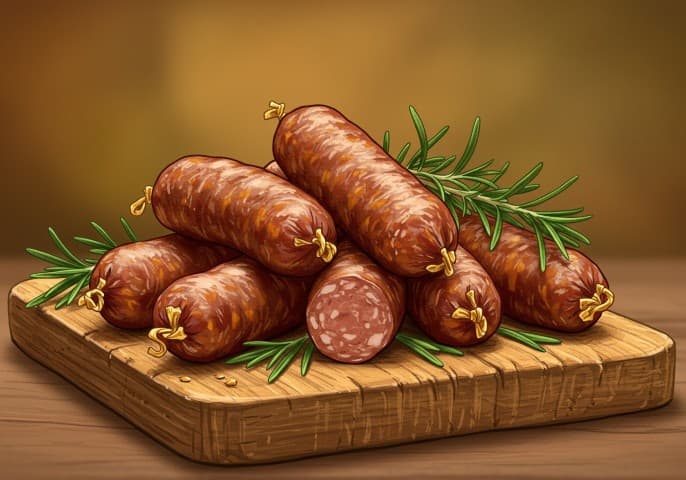 Image de mini saucissons (Bâtons de Berger) présentés sur un fond rustique.