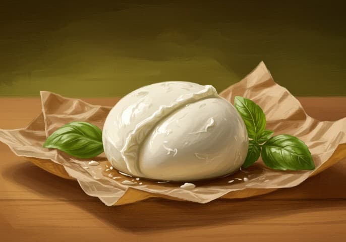 Image d'une boule de mozzarella fraîche et crémeuse, prête à être dégustée.