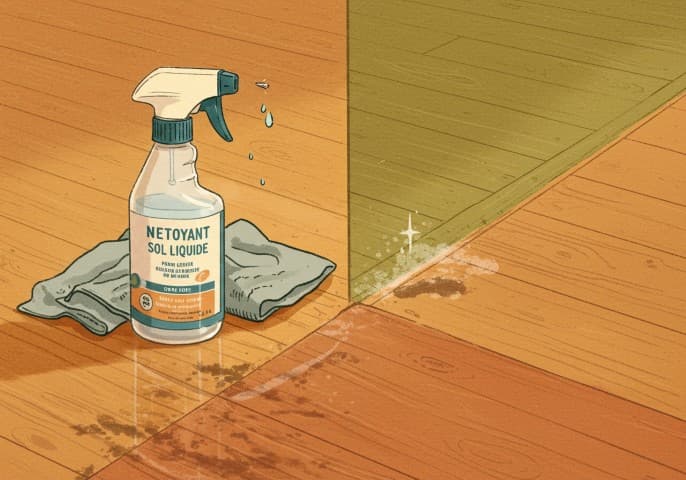 Bouteille de nettoyant sol liquide, prête à l'emploi, avec un design moderne et épuré.