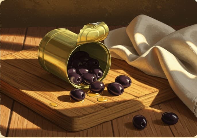 Image d'une boîte d'olives noires, prête à être dégustée.