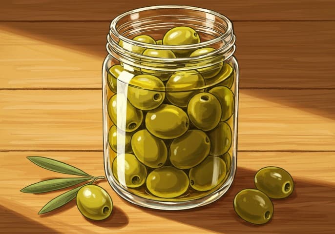 Image d'un bocal d'olives vertes, fraîches et savoureuses.