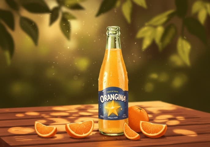 Bouteille d'Orangina, boisson gazeuse à l'orange, sur fond blanc.