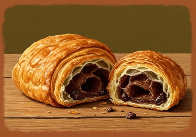 Pain au chocolat artisanal, croustillant et doré, présenté sur fond clair.