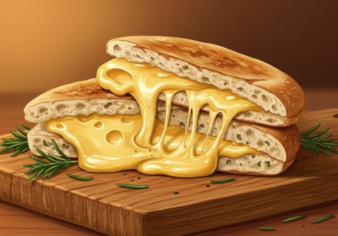 Image d'un délicieux panini 4 fromages, doré et croustillant, avec du fromage fondant visible.