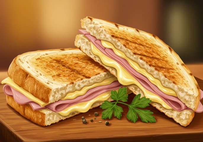 Image d'un appétissant panini jambon, servi sur une planche en bois.