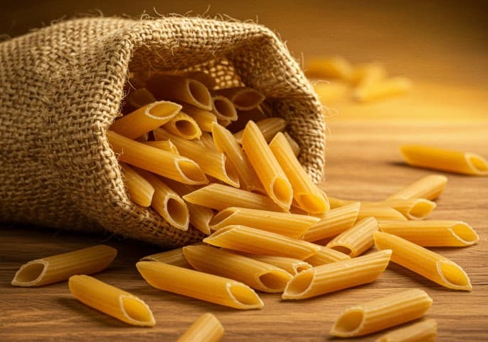 Image de pâtes bio Penne, sèches et disposées harmonieusement.