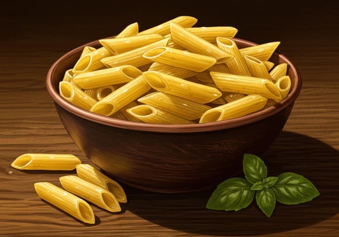 Image de pâtes penne rigate sèches, vue de dessus, sur un fond clair.