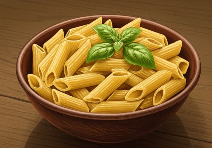 Image de pâtes sans gluten Penne, sèches et prêtes à être cuites, disposées sur un fond clair.