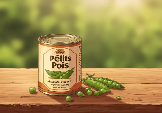 Image de petits pois en boîte, vue de dessus.  Boîte métallique, étiquette visible.
