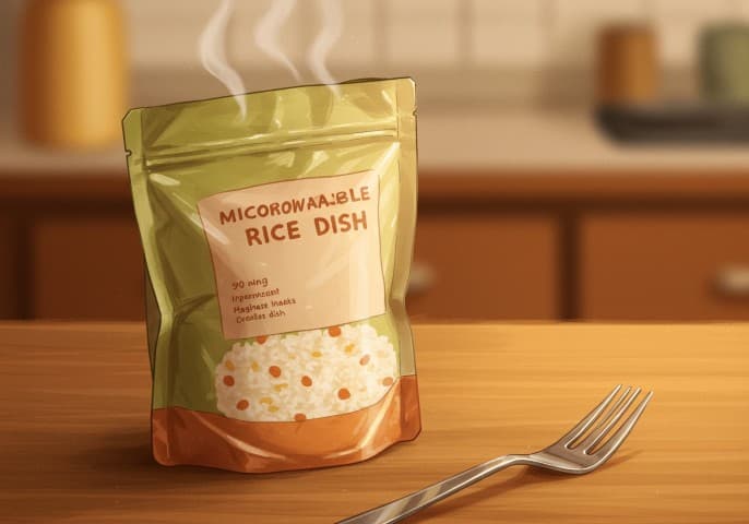 Image d'un sachet de plat rapide au riz prêt à être consommé, après passage au micro-ondes.