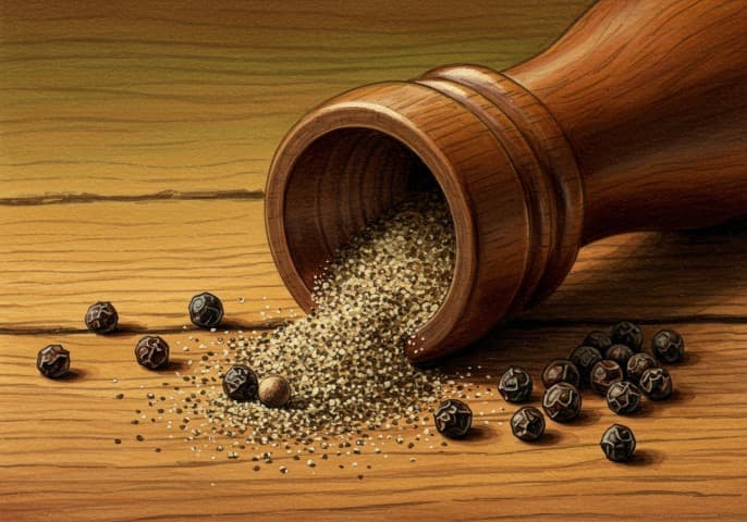 Image d’un moulin à poivre contenant des grains de poivre noir.