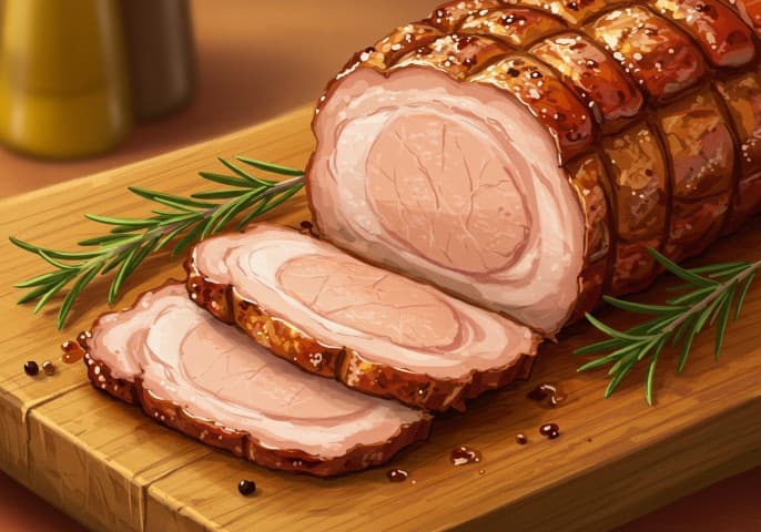 Image d'un rôti de porc en tranches, présenté sur un plat, prêt à être dégusté.