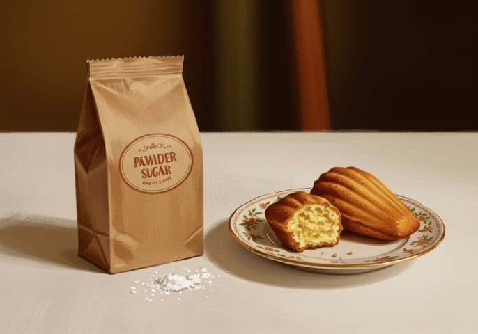 Un sachet de sucre en poudre blanc fin, sur un fond clair.