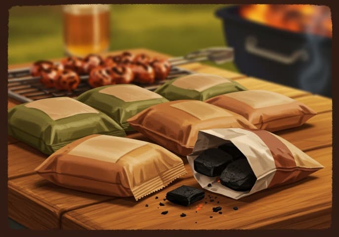 Image de sachets de charbon de bois de qualité supérieure, prêts à être utilisés pour un barbecue.