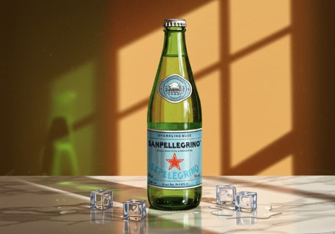 Bouteille d'eau pétillante San Pellegrino sur fond blanc.