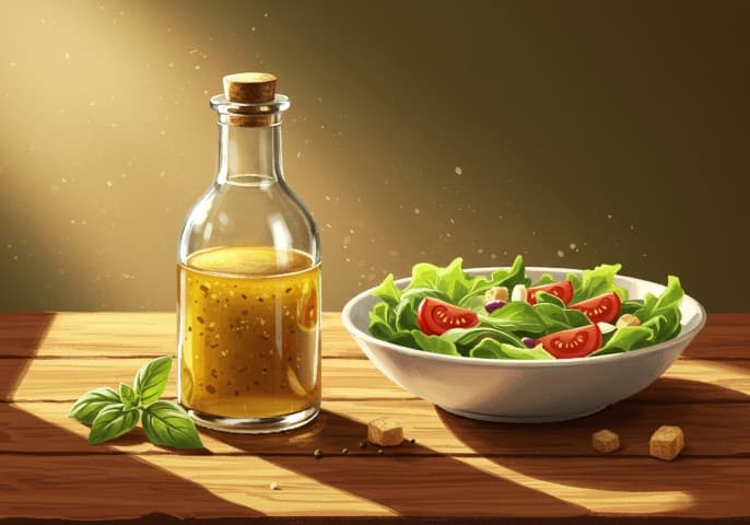 Bouteille de sauce vinaigrette artisanale, prête à être utilisée pour agrémenter vos salades.