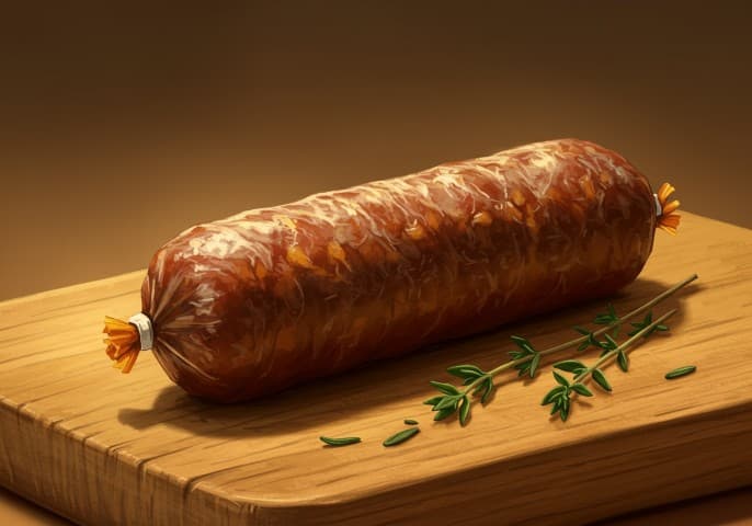 Image d'une saucisse sèche artisanale, présentée sur un fond rustique.