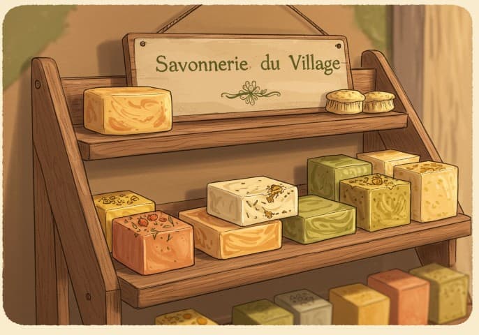 Photo de savons solides faits main par la savonnerie du village, présentés sur un fond clair et naturel.