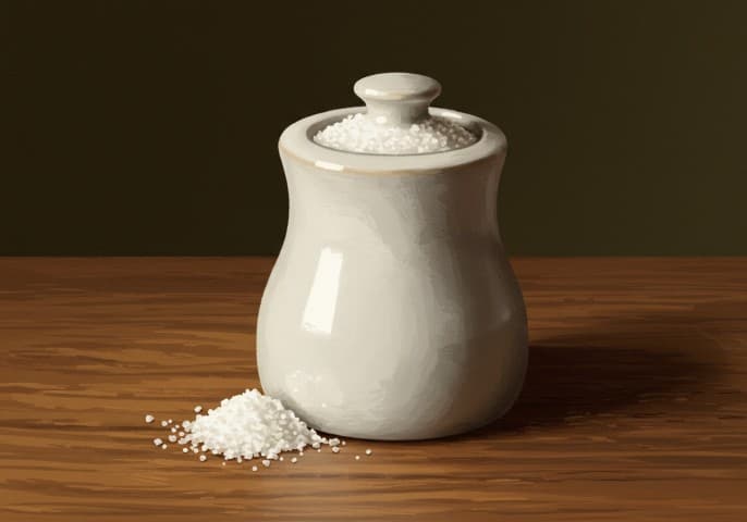 Photo d'une salière contenant du sel fin, grain fin et blanc.