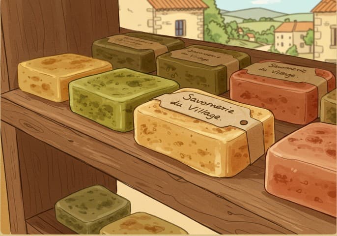 Image d'un shampoing solide artisanal de la savonnerie du village, présenté sur un fond clair et naturel.