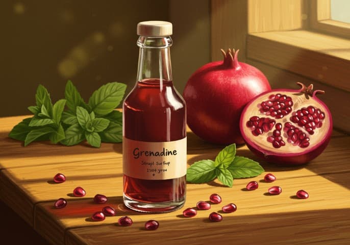 Bouteille de sirop de grenadine artisanale, couleur rouge rubis, sur fond clair.