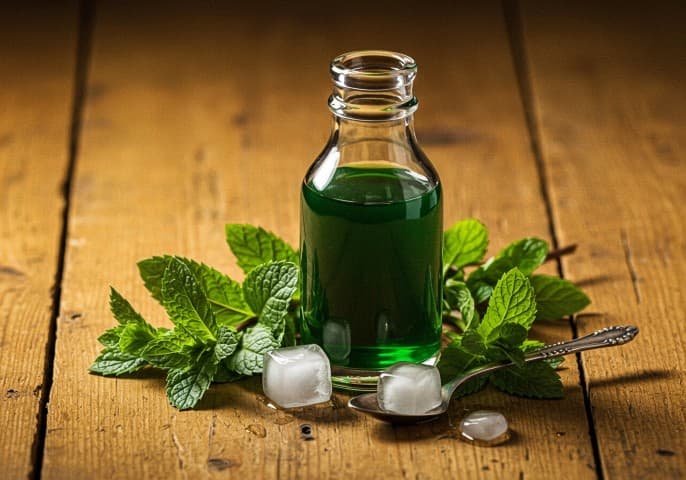 Bouteille de sirop de menthe vert vif sur fond blanc.