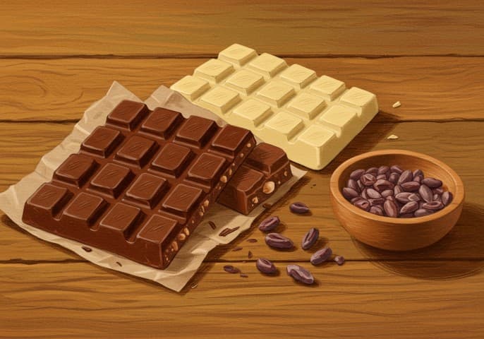 Image d'une tablette de chocolat noir, lait et blanc, posée sur un fond clair.