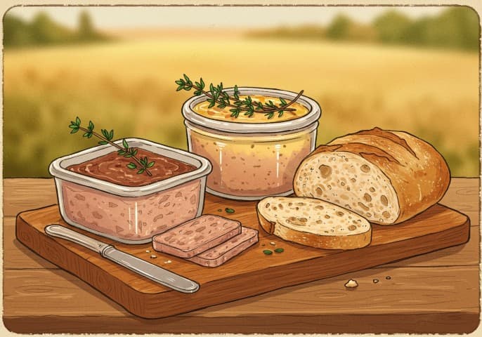 Photo de terrines artisanales variées, présentées sur un fond rustique. Des terrines de campagne et de volaille sont visibles.