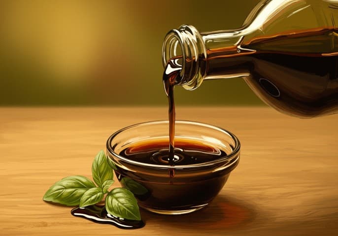 Bouteille de vinaigre balsamique de couleur foncée, présentée sur un fond clair.