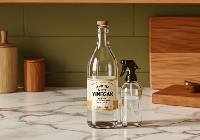 Bouteille de vinaigre blanc ménager, prête à l'emploi pour le nettoyage de votre maison.