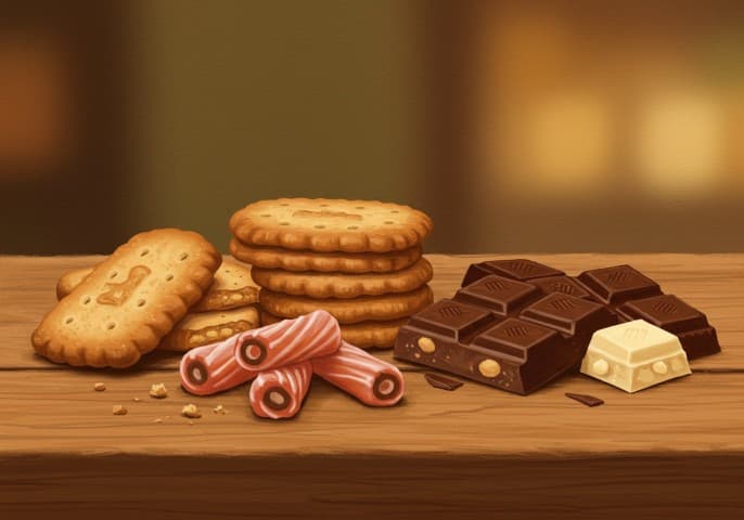 Image de biscuits et chocolats variés, disposés sur un fond clair et élégant.
