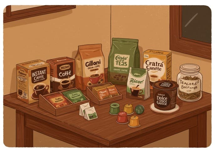 Image d'une sélection de cafés, thés et boissons chaudes, présentés avec soin dans une ambiance chaleureuse et conviviale.