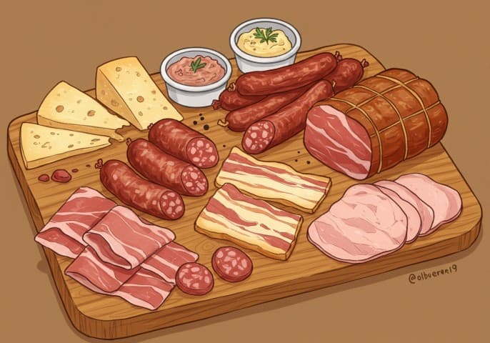 Photo alléchante d'une sélection de charcuterie artisanale : jambons, saucissons, pâtés, etc., présentés sur un comptoir en bois.