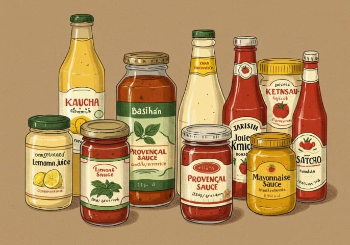 Une image alléchante de divers condiments et sauces présentés avec soin, mettant en valeur leur couleur et leur texture.