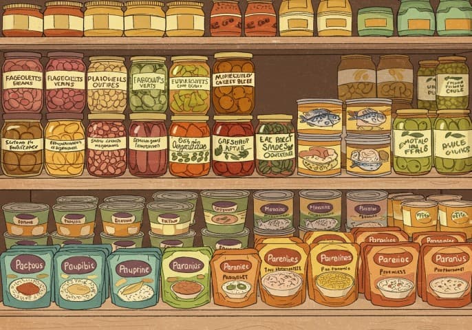 Image de diverses conserves et plats préparés de qualité, présentés de manière appétissante.