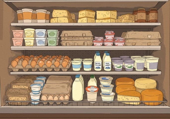 Image de produits frais de crèmerie et d'œufs frais, présentés de manière appétissante.