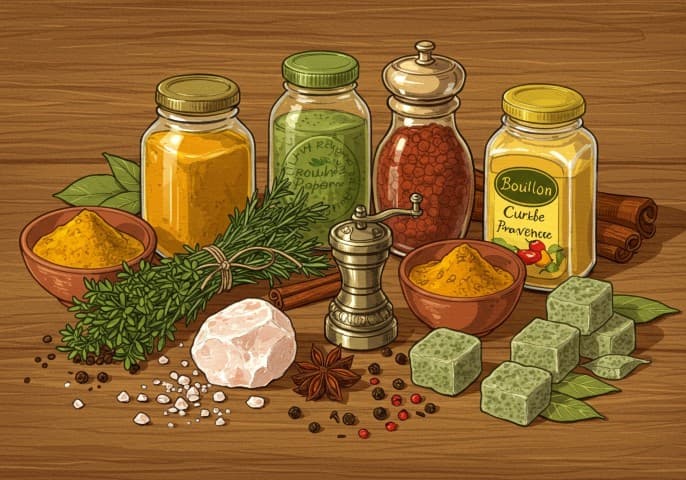 Image de diverses épices, herbes et bouillons, présentés avec soin dans des bocaux et des contenants.