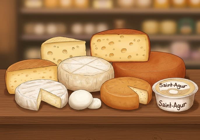 Une sélection de fromages artisanaux de la région, présentés sur un fond rustique et élégant.