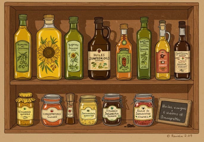 Image de différentes huiles, vinaigres et vinaigrettes, disposées sur une table en bois rustique.