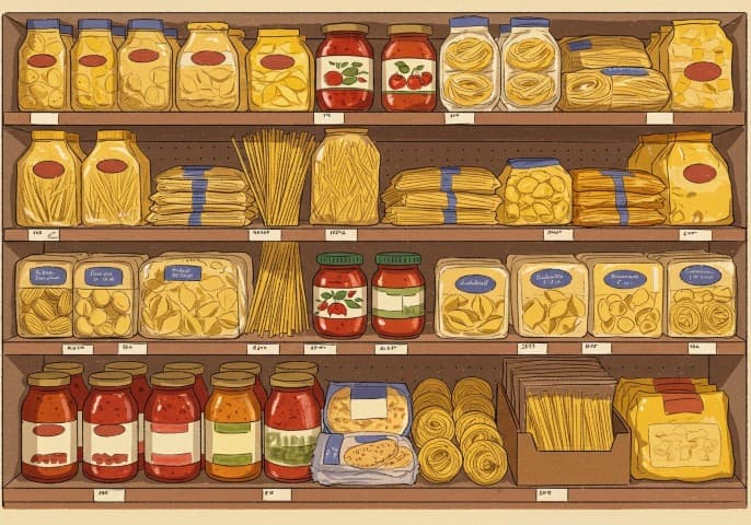 Image de diverses pâtes et préparations culinaires, mettant en avant leur qualité et variété.