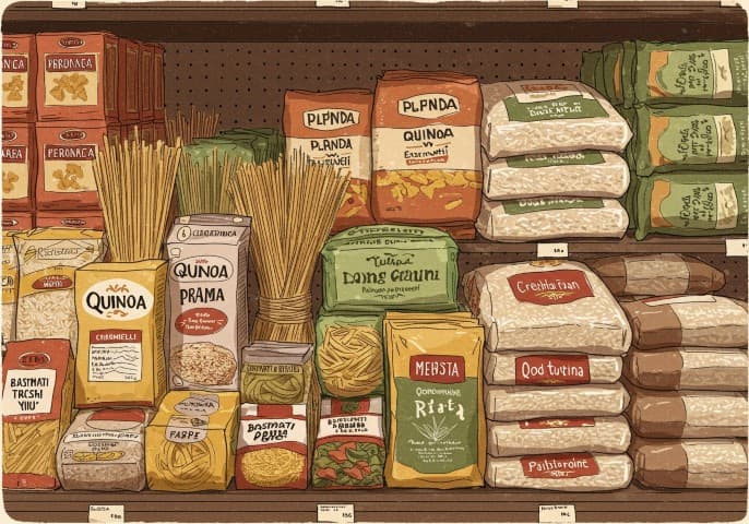Image de différents types de pâtes, riz et céréales présentés sur un fond clair et moderne.