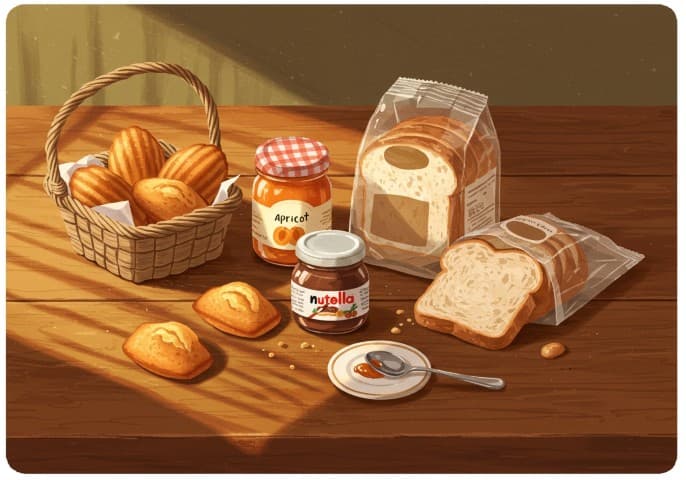 Image d'une table de petit-déjeuner avec des produits frais et locaux.