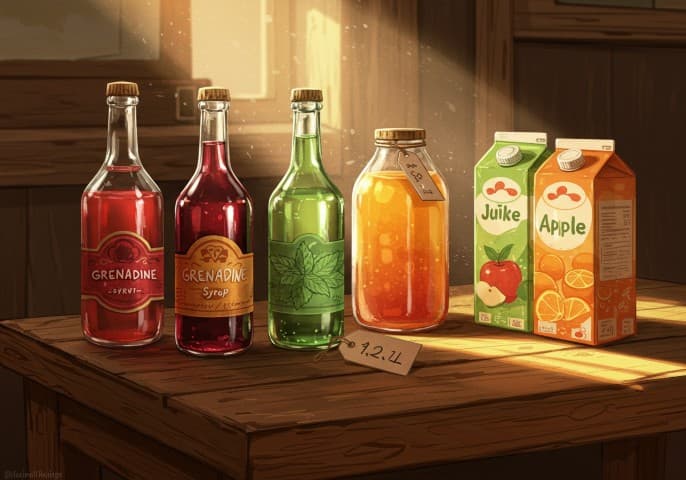 Image de divers sirops et jus de fruits, présentés de manière attrayante.