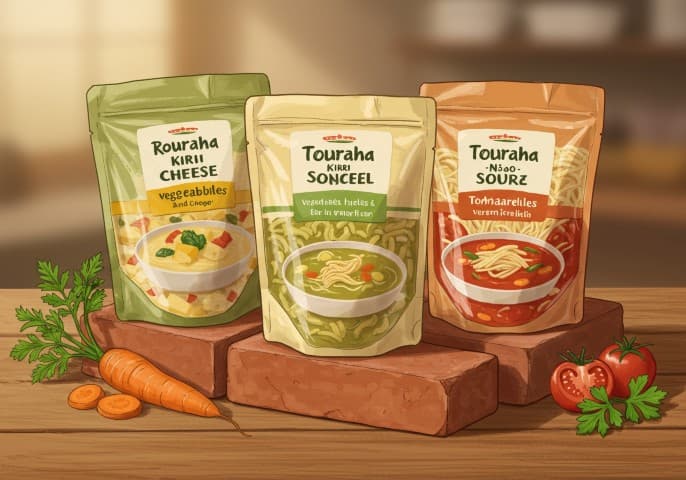 Photo alléchante de soupes et briques cuisinées, mettant en valeur leurs couleurs et textures.