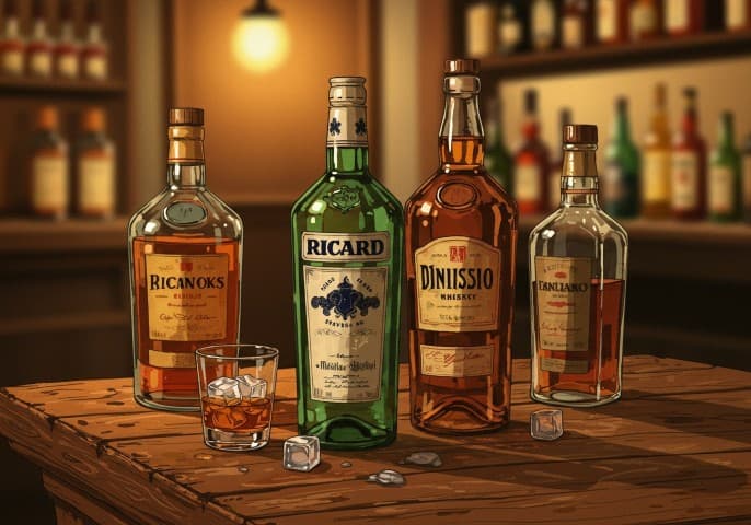 Une image moderne et élégante présentant une sélection de bouteilles de spiritueux divers.