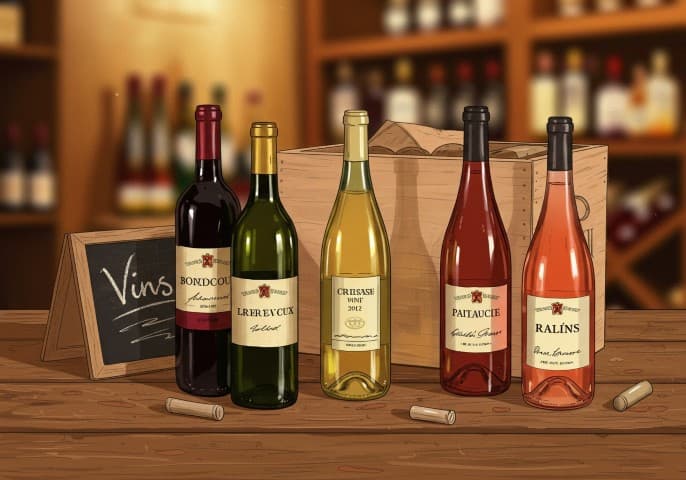Une sélection de bouteilles de vin rouge, blanc et rosé, présentées sur un fond en bois rustique.